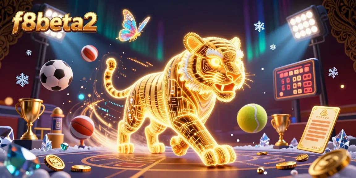 Bet on f8beta2 amidst a vibrant 3D digital casino with a golden tiger and sports elements.