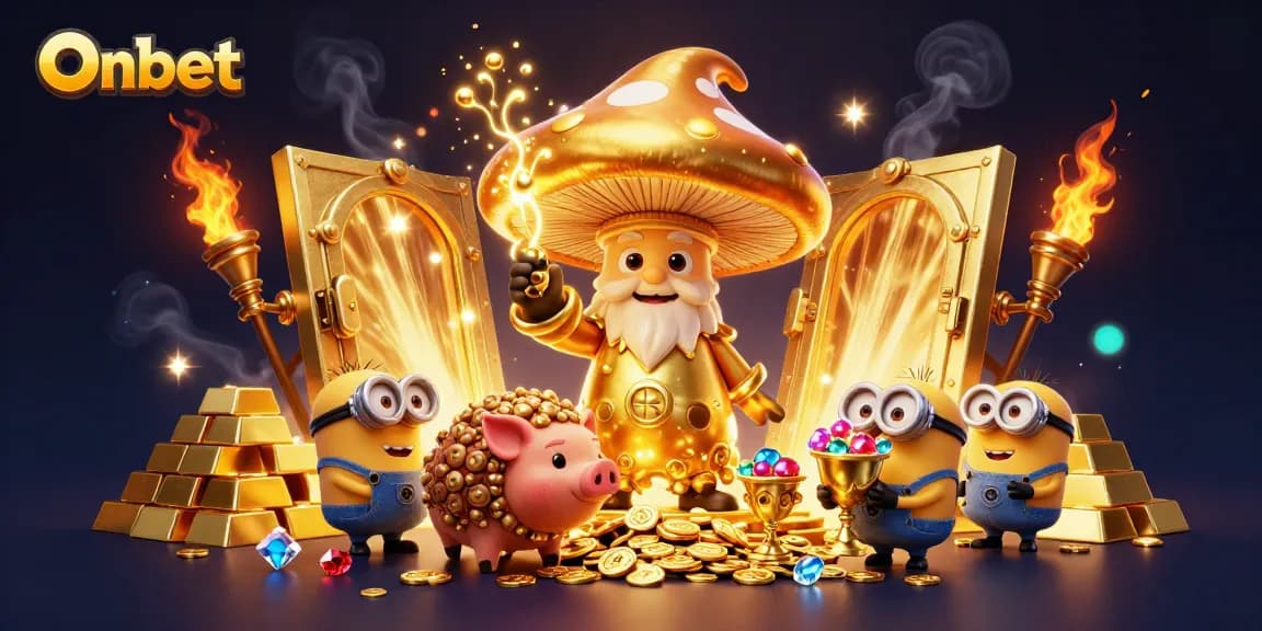 Engage with Onbet's thrilling gaming universe, featuring a wizard, treasure, and lively gems.