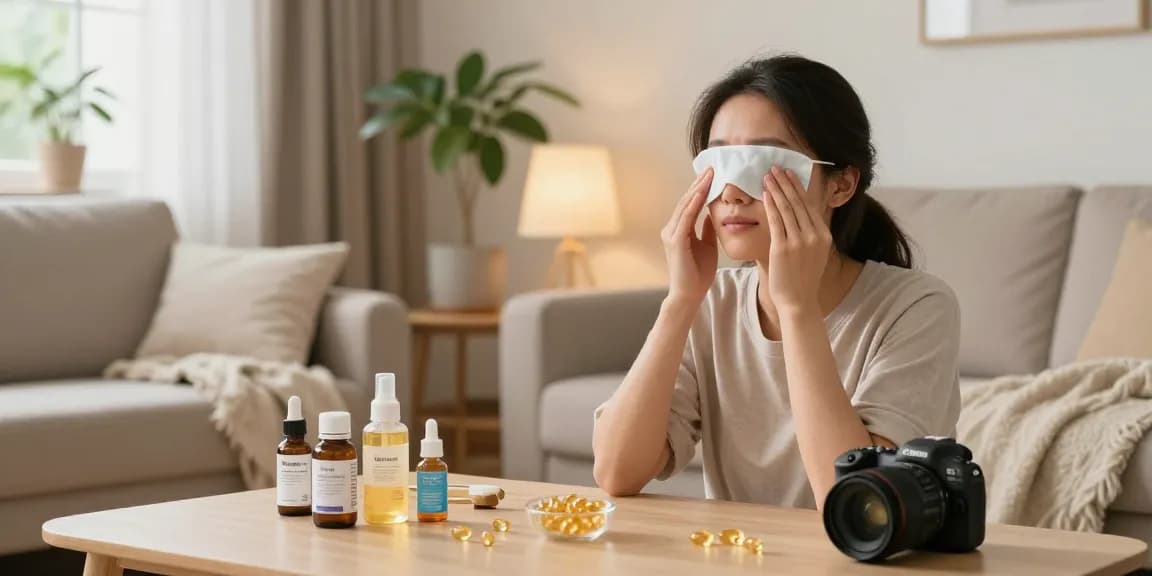 Applying warm compress for Dry Eye Treatment in a cozy home setting.