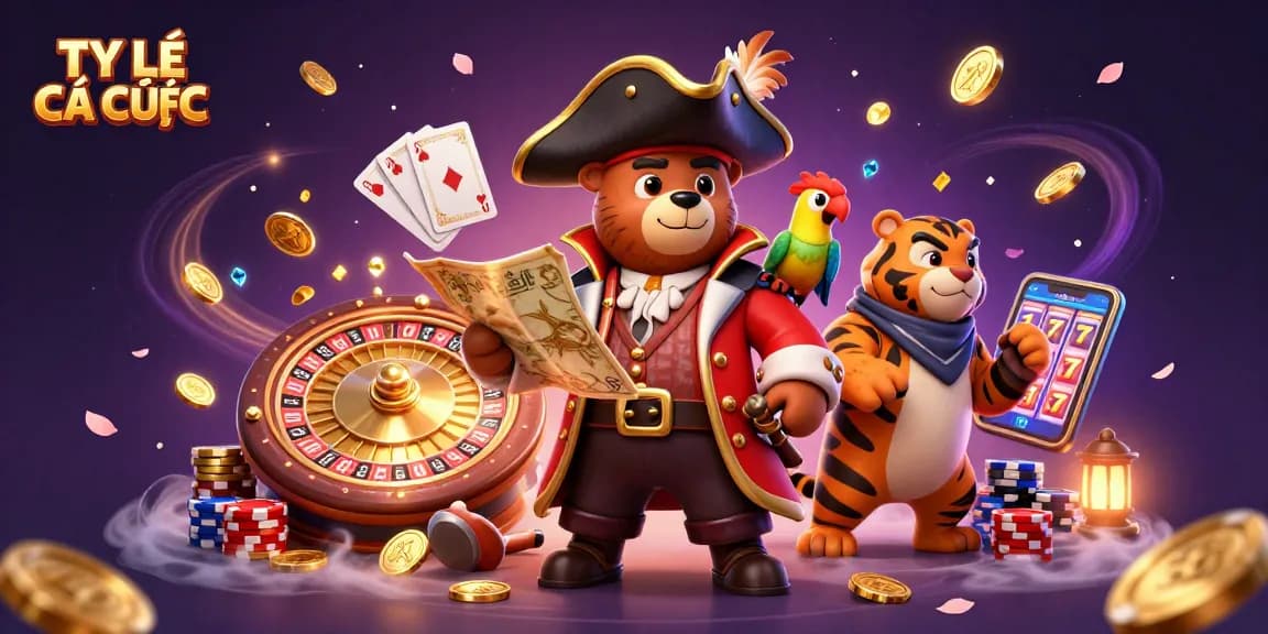 Engage with TỶ LỆ CÁ CƯỢC in this vibrant scene featuring a pirate bear and a tiger in a casino.