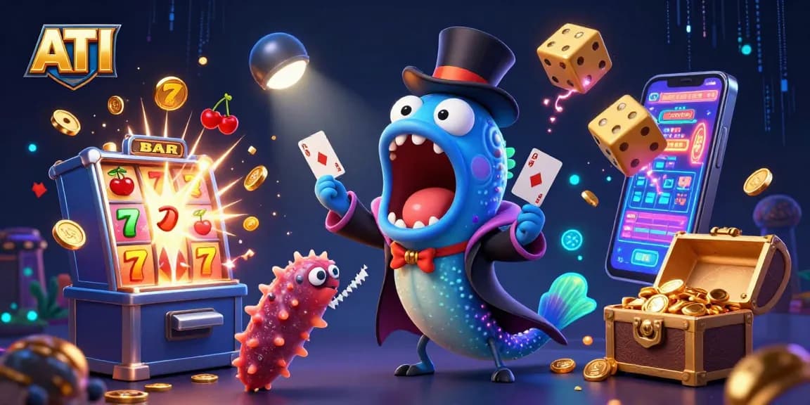 Experience ATI's vibrant casino world with glowing characters and exciting slot action in this dynamic illustration.