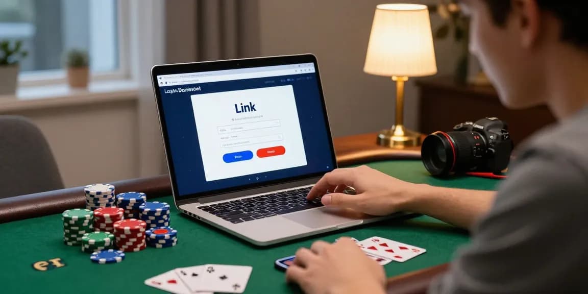 Engaged player using Link Login Dominobet on laptop surrounded by poker chips in a cozy gaming atmosphere.