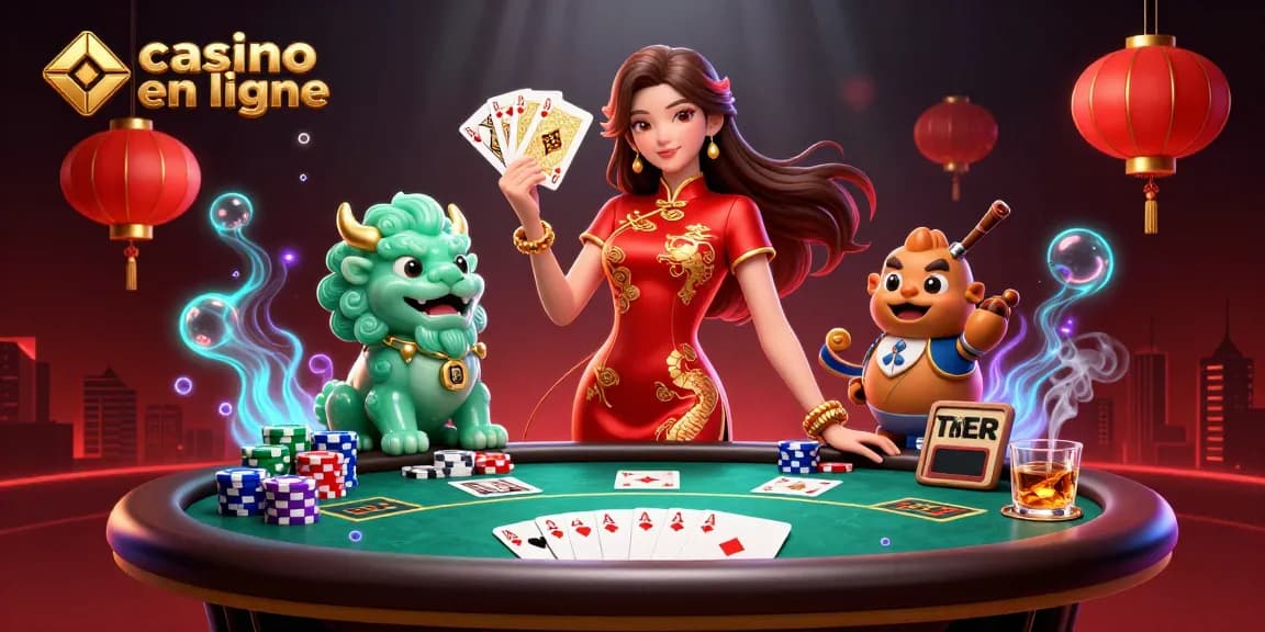 Interagissez avec casino en ligne présentant une scène 3D époustouflante avec des éléments de poker et des personnages vibrants.