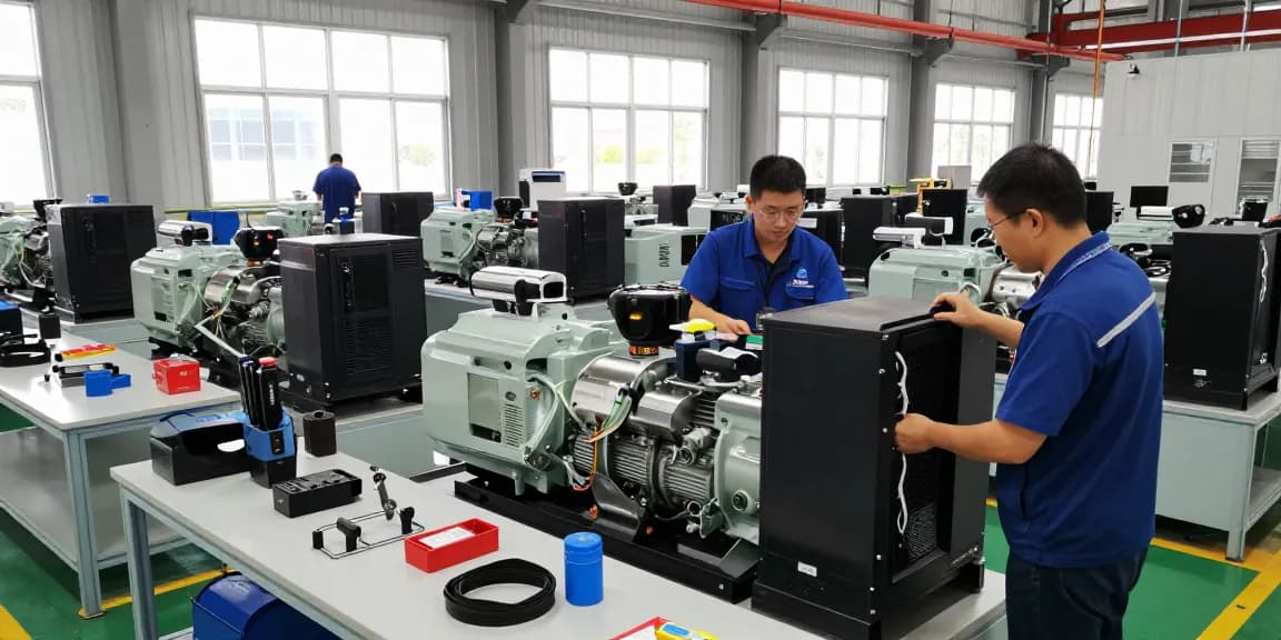 Generator manufacturer assembly line where skilled technicians build high-quality generator sets.