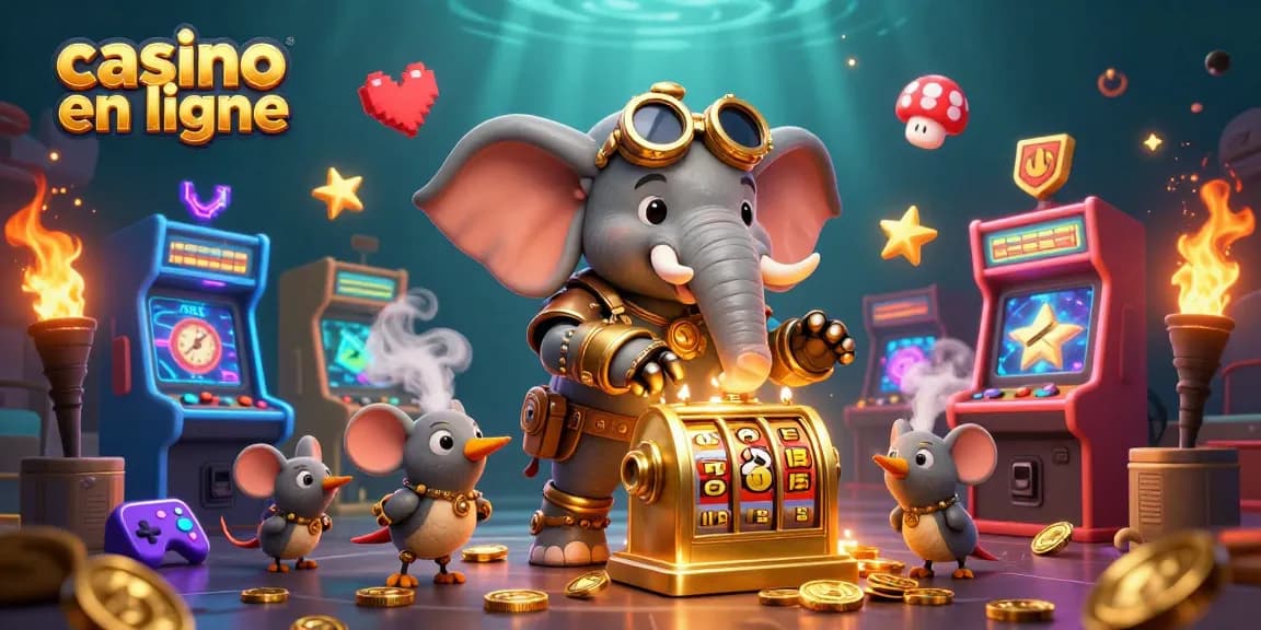 Engagez-vous avec des éléments de jeu vibrants dans un casino en ligne mettant en vedette un éléphant steampunk avec une machine à sous.