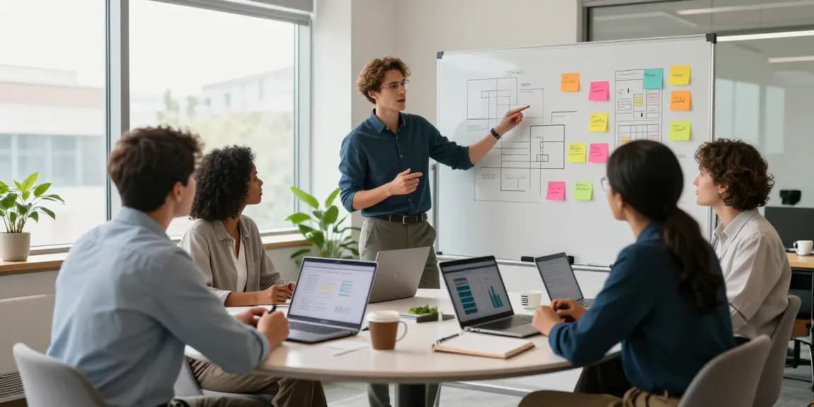 Diverse team collaborating in a modern office, find out more about effective brainstorming strategies.