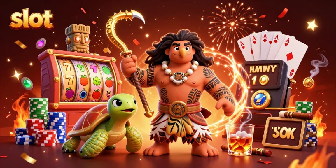 Menggulung slot dengan simbol buah dan jackpot, bersama karakter dewa Maui dan kura-kura lucu.