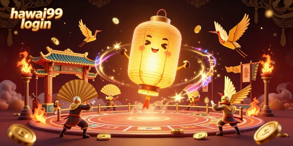 Engage with hawai99 login in this vibrant 3D casino scene filled with golden lantern spirits and dynamic elements.