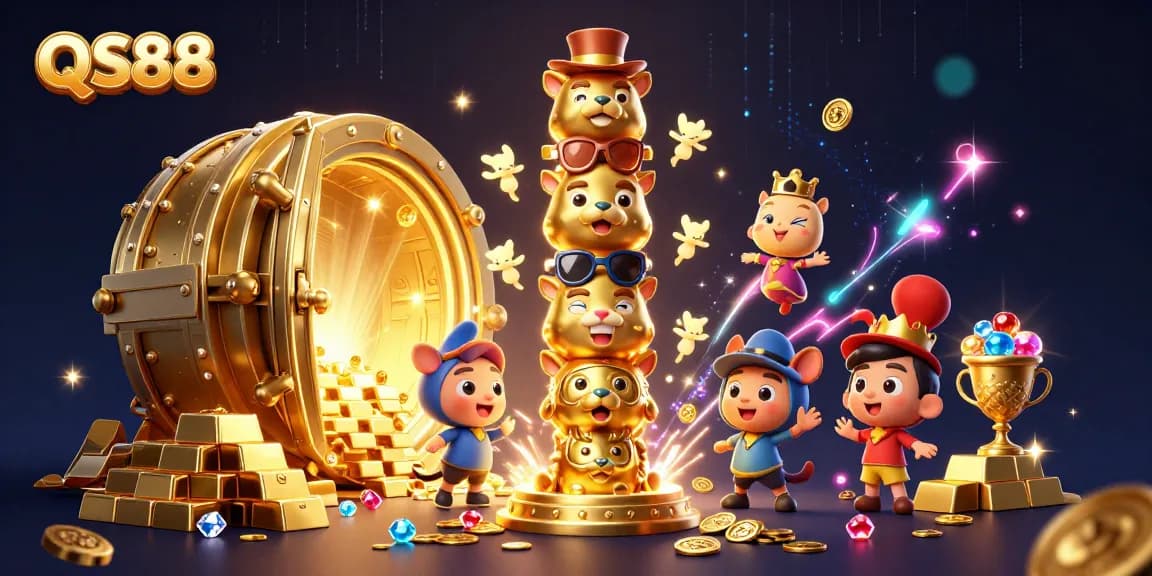 Experience thrilling wins at QS88 with a vibrant 3D illustration of a dynamic totem and casino treasures.