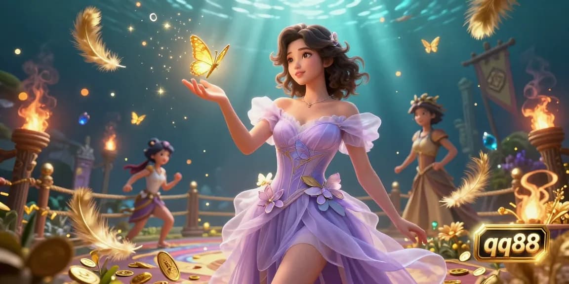 Engage with qq88's vibrant gaming atmosphere in a captivating 3D casino scene filled with lively elements and magical effects.
