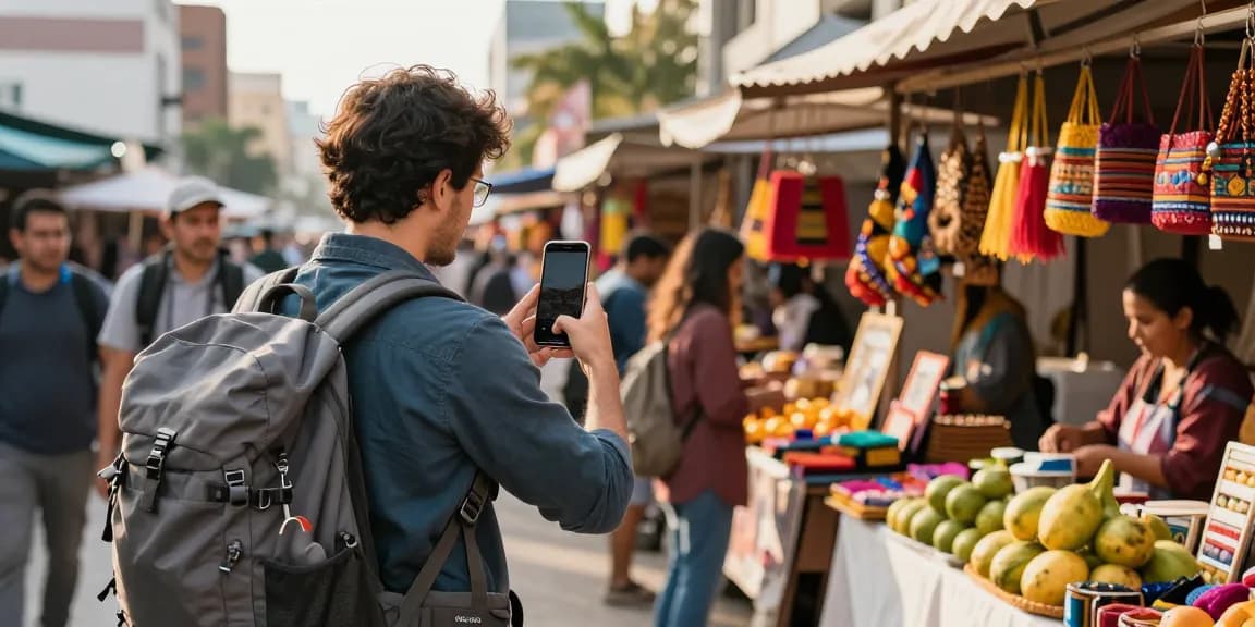 Rokok88 travel market scene with vibrant stalls and backpacker capturing local cuisine and crafts.