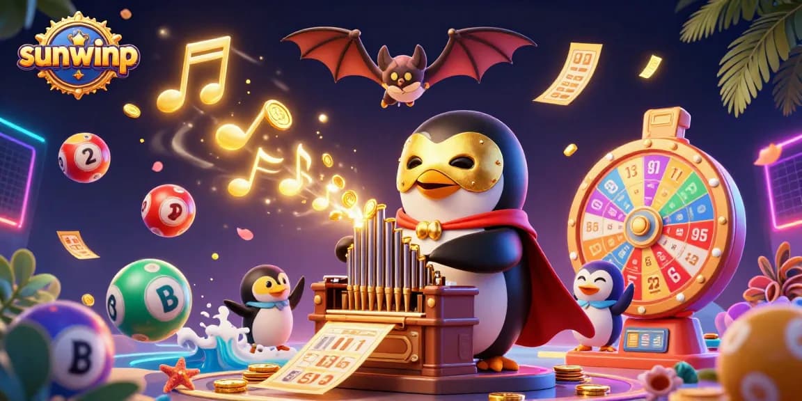 Engage with sunwinp's vibrant animated casino scene of playful characters and dynamic lottery elements.