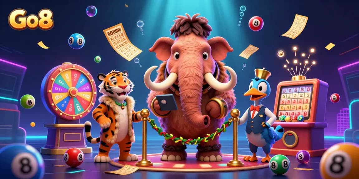 Engage with Go8's vibrant casino scene featuring a woolly mammoth bouncer, saber-tooth VIP, and dynamic lottery elements.