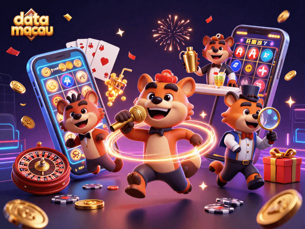 Engage in thrilling actions at data macau with vibrant slots surrounded by lively hyenas, spinning reels, and joyous atmosphere.