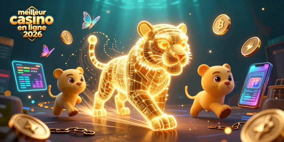 Image dynamique de "meilleur casino en ligne 2026" montrant un tigre lumineux dans un paysage de casino numérique.