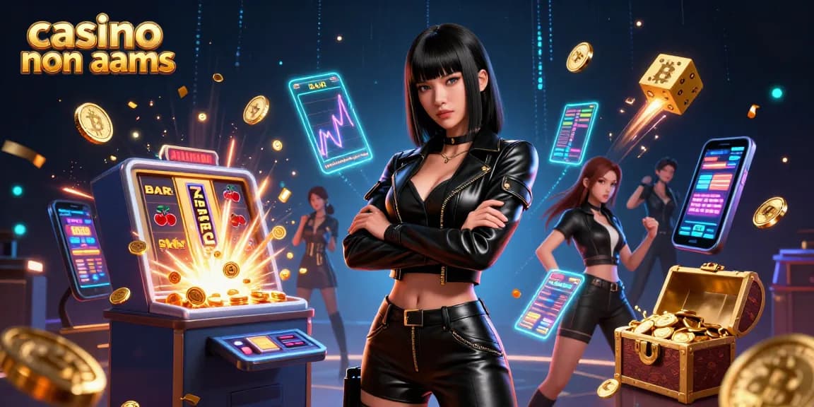 Scopri l'emozione dei casino non AAMS con una straordinaria donna asiatica circondata da slot jackpot, monete ed elementi olografici.