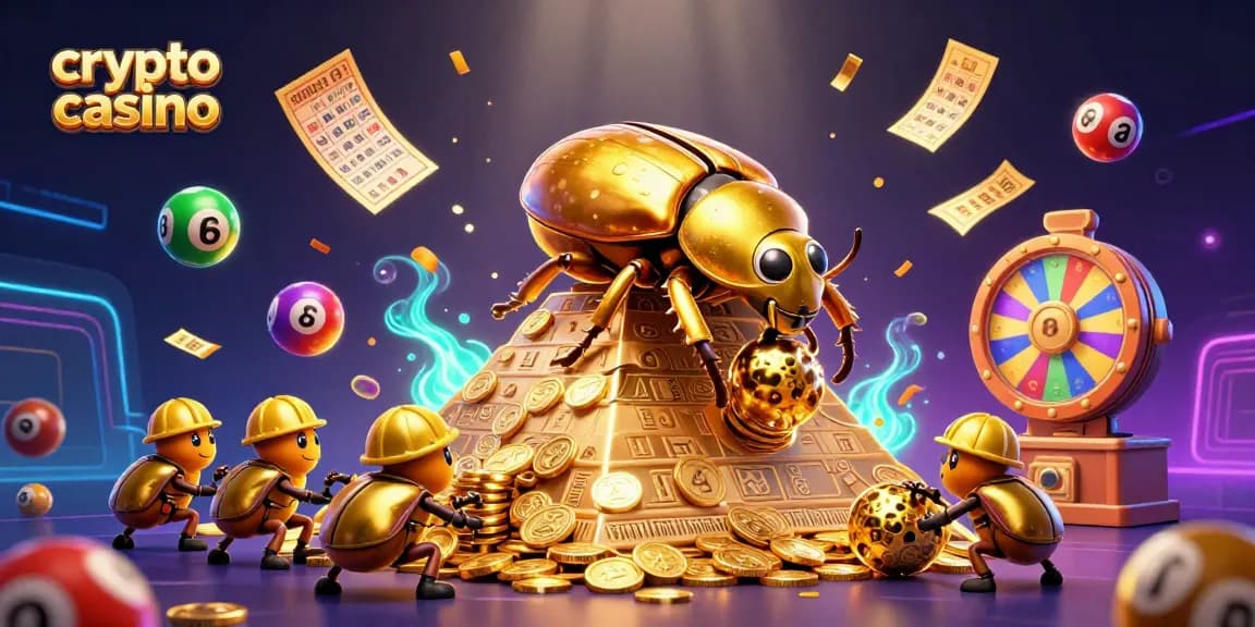Dans ce crypto casino, vis une expérience où des scarabées d'or roulent des pièces, entourés de billets d'or et de boules de loterie.