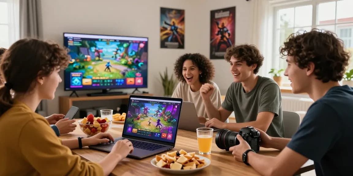Antusiasme di antara teman-teman saat bermain game online JURAGAN77, dengan suasana ruang tamu yang hangat.