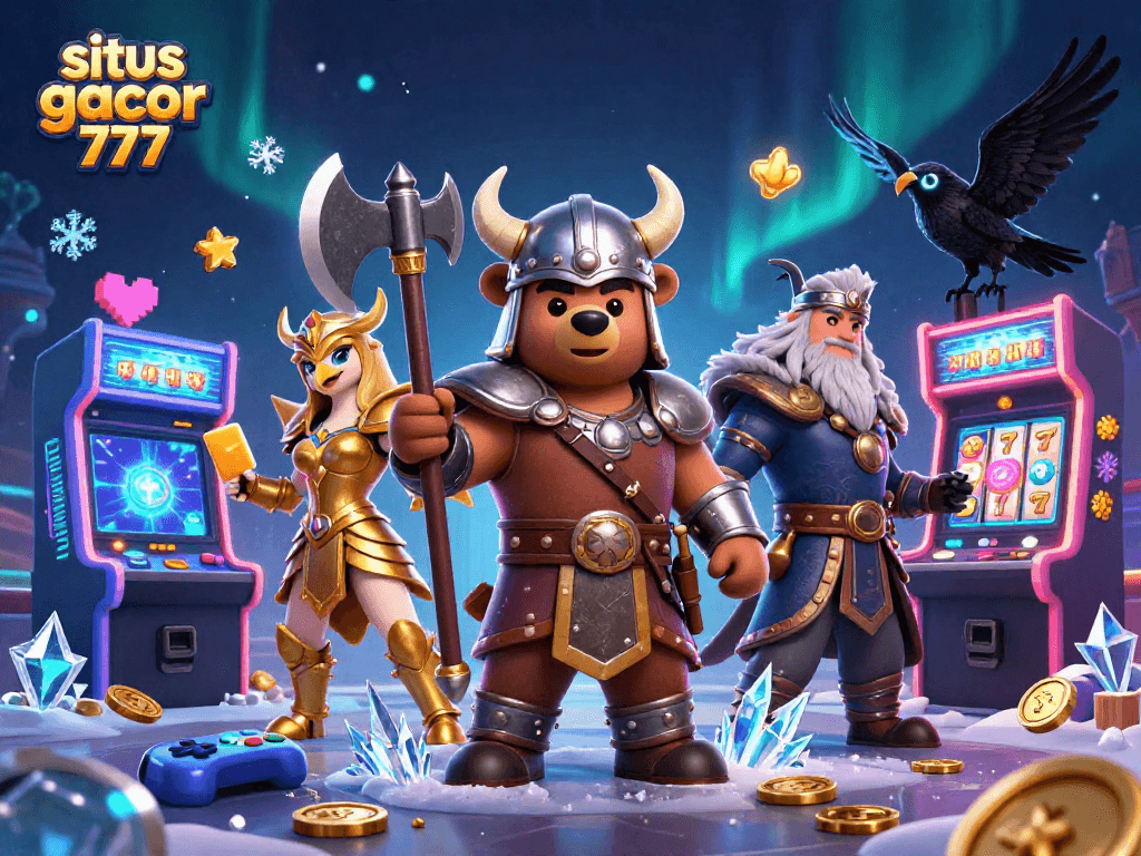 Experience the excitement of situs slot gacor 777 with a Viking bear and Valkyrie eagle in this vibrant scene.