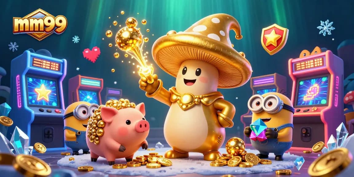 Experience captivating mm99 gaming adventures with golden wizard and treasures in a vibrant casino scene.