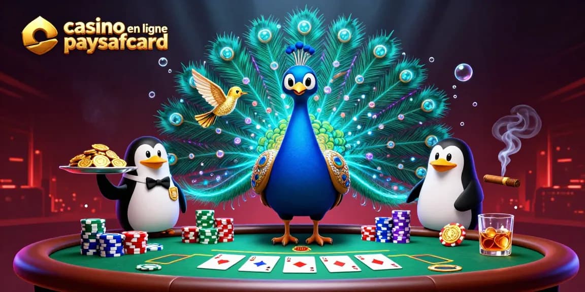 Visuel dynamique d'un casino en ligne paysafecard animé avec un paon, un pingouin et un colibri.