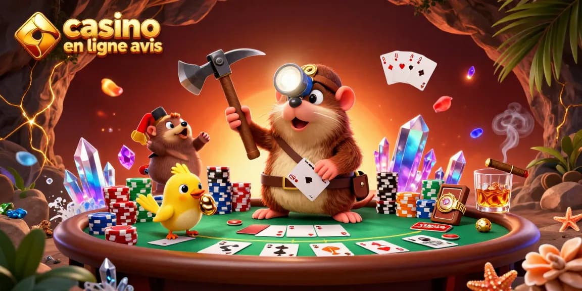 Obtenez l'avis sur le casino en ligne avec un mole chasseur de trésor entouré de jetons de poker et de cartes.
