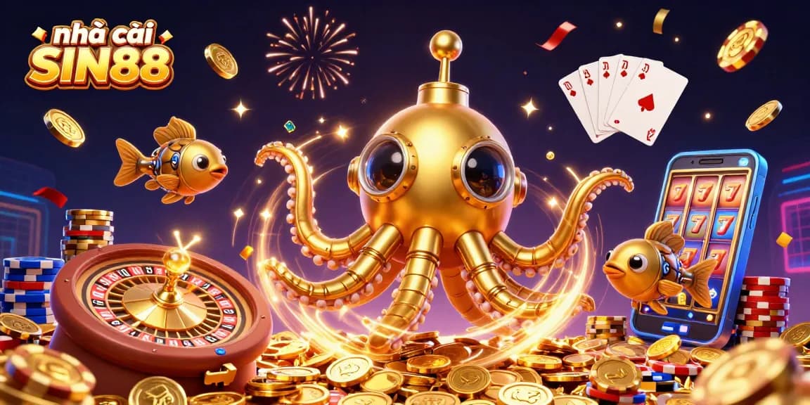 Experience excitement and fun with nhà cái SIN88 in this vibrant 3D casino scene full of golden coins.