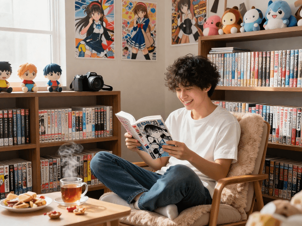 Reader enjoying a manga from https://hitomi-mangaraw01.com/ in a cozy, colorful reading space filled with vibrant decor.
