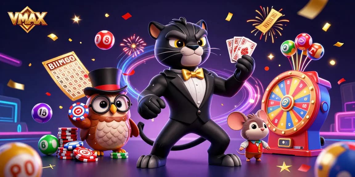 VMAX casino illustration with a panther, owl, and mouse engaging in a vibrant gambling scene
