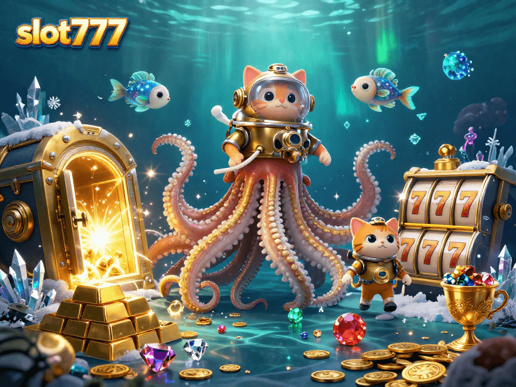 Spin the reels and uncover treasures with slot777 in this vibrant underwater casino scene.