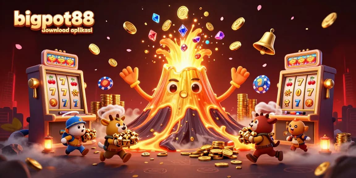 Spin the reels with bigpot88 download aplikasi, featuring a vibrant 3D volcano erupting treasures around dynamic slot elements.