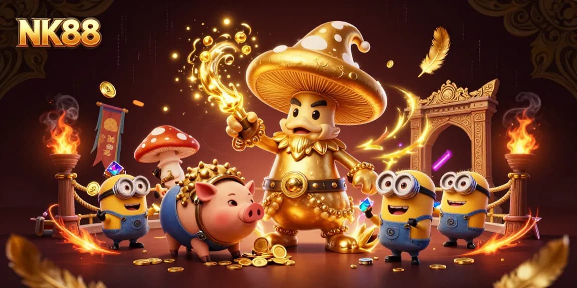 Engage with NK88's vibrant online casino atmosphere featuring golden characters and treasures.