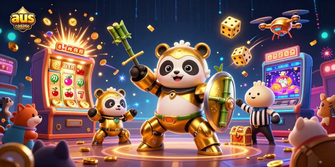 Experience exhilarating gameplay at aus casino with animated mech-suit panda and vibrant slot machine action.