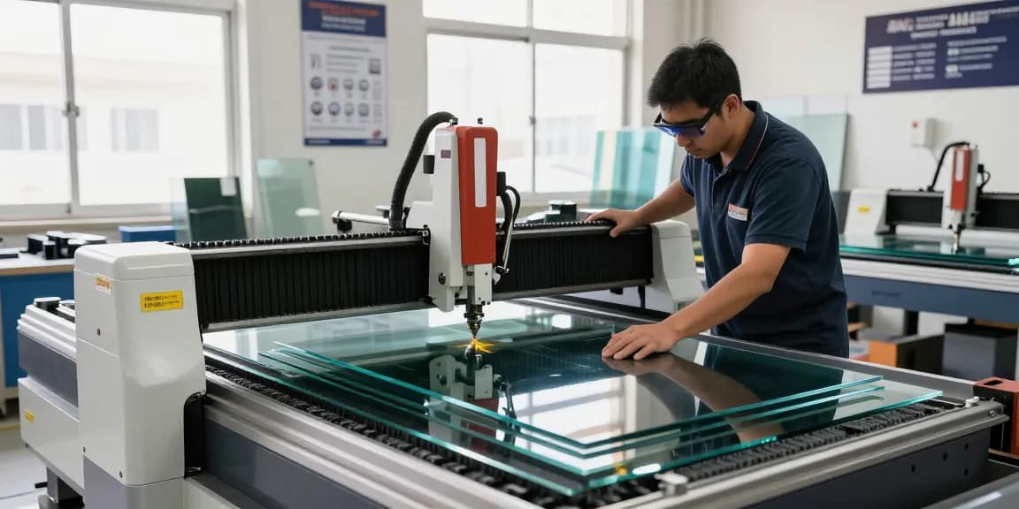 Technician using a glass cutting machine in a well-organized workshop.