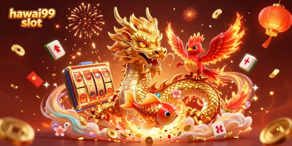 Experience the excitement of hawai99 slot with a dynamic illustration featuring a golden dragon.