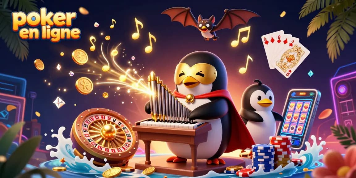 Jouez au poker en ligne avec des personnages animés, des pièces dorées et des cartes étincelantes.
