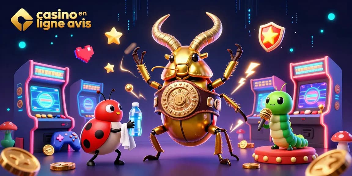Obtenez des avis sur les casinos en ligne avec une illustration dynamique comprenant des personnages de jeux.