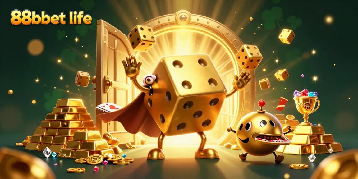 Engage in thrilling gaming at 88bbet life with vivid illustrations of a golden dice golem and captivating casino elements.