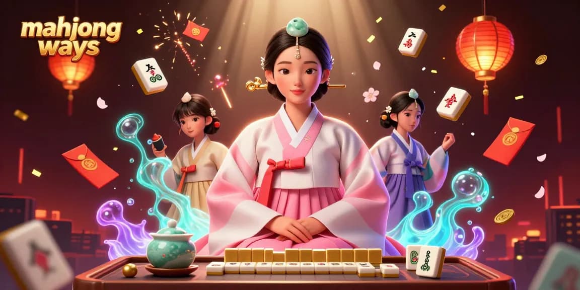 Experience the thrill of mahjong ways with a serene Asian woman amidst golden tiles and festive decorations.