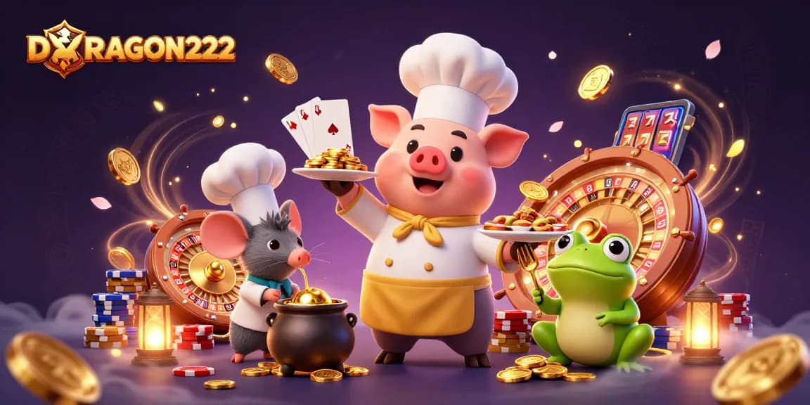 Win big with DRAGON222 as a chef pig serves gold coins in a vibrant casino scene.
