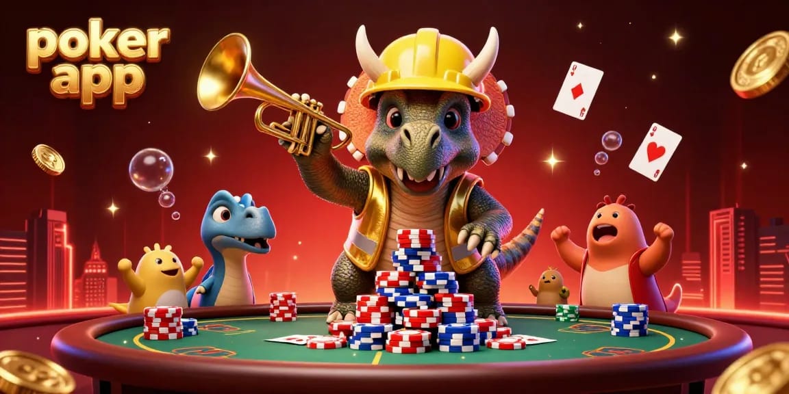 Gioca con l'app poker tra triceratopi e festeggiamenti, circondato da elementi di gioco dinamici.