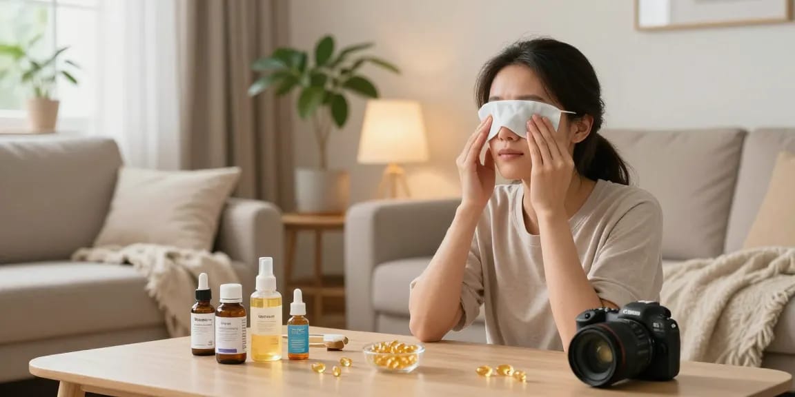 Applying warm compress for Dry Eye Treatment in a cozy home setting.