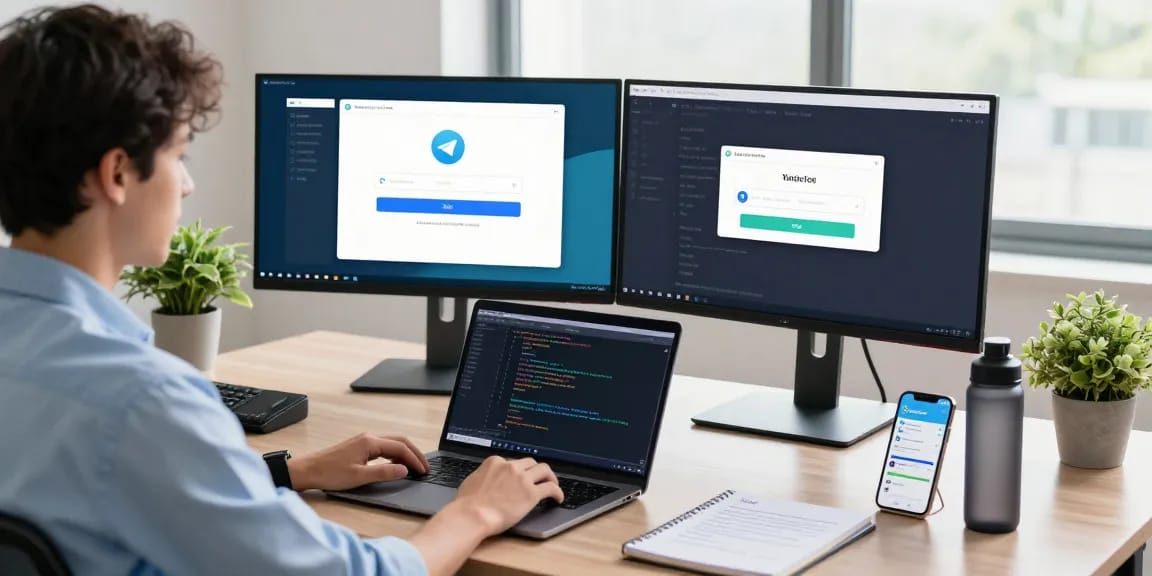 Telegram China verification process illustrated in a modern tech workspace with coding tools and devices.