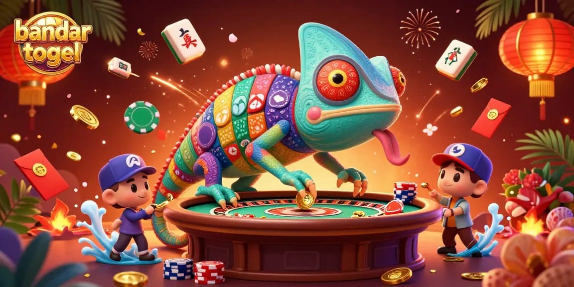 Experience vibrant bandar togel action with a playful chameleon casino owner amid lively game elements.