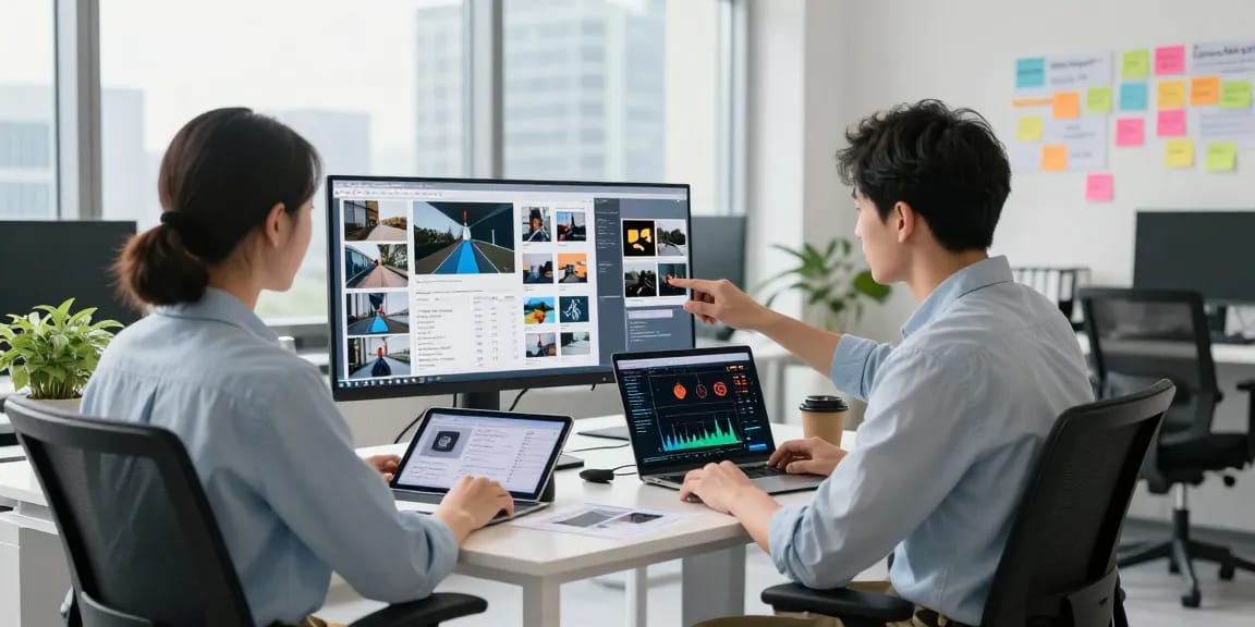 AI detector in action, showcasing image analysis tools on a high-resolution monitor in a bright workspace.