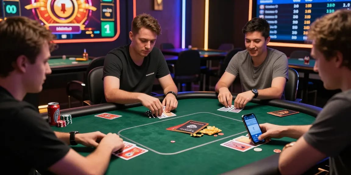 Agen Poker Online players engaged at virtual tables, with animated cards and prizes visible in a vibrant gaming environment.