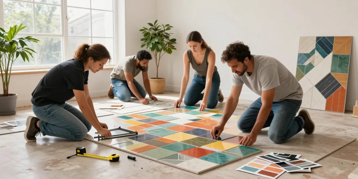 Installing interlock tiles in a vibrant home renovation with a design team collaborating indoors.