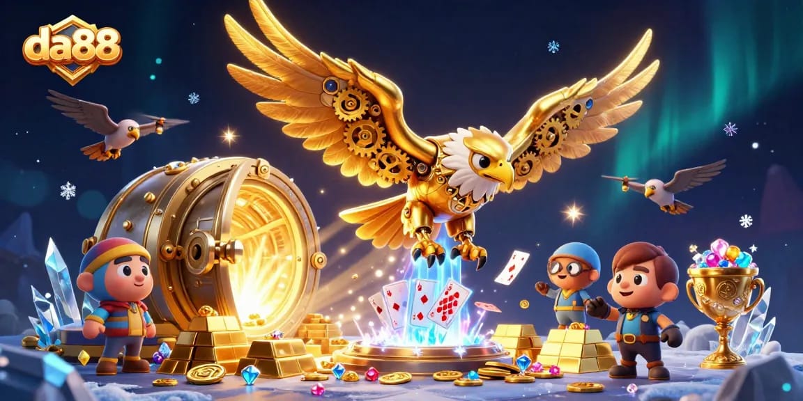 Experience the thrill of da88 with a cybernetic eagle diving through playing cards amidst a treasure-filled casino.