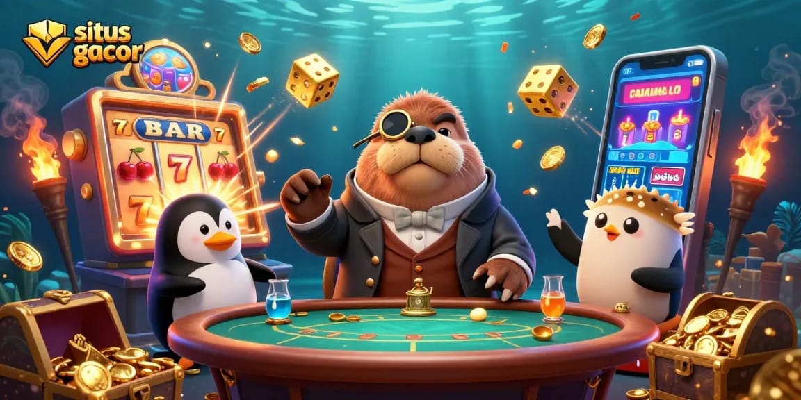 Experience excitement with situs gacor as walrus, penguin, and pufferfish enjoy high-stakes gaming underwater.