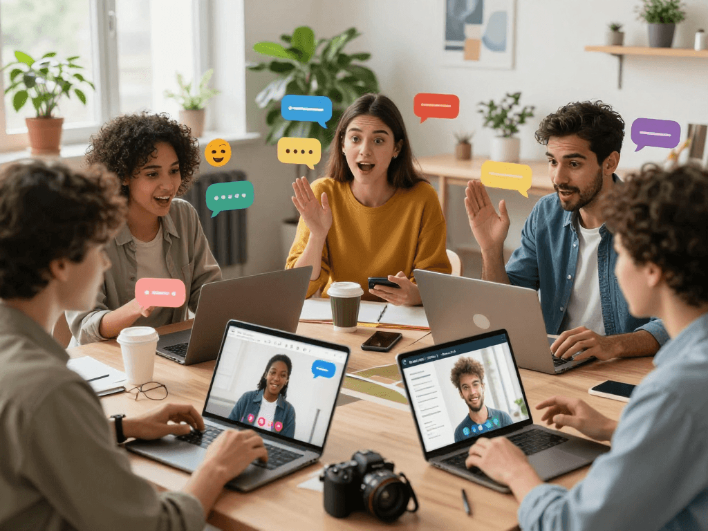 Diverse group chatting with hot chat ai on laptops and smartphones in a vibrant co-working space.
